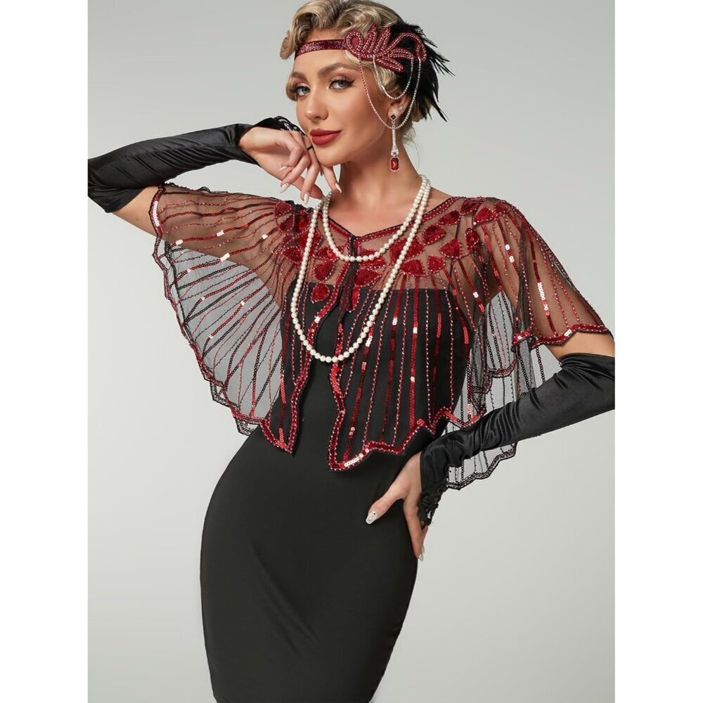 Women's 1920s Sequin Flapper Shawl Wrap Mesh Evening Accessory Red - Picture 2 of 5